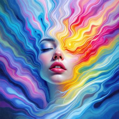 The primary subject of the image is a woman with a pink lipstick, who is the main focus of the image. She is surrounded by a vibrant and colorful background, which includes a mix of blue, yellow, and pink colors. The visual style of the image is a combination of digital art and illustration, creating a unique and artistic representation of the woman. The overall atmosphere of the image is lively and energetic, with the woman's lips being the center of attention.